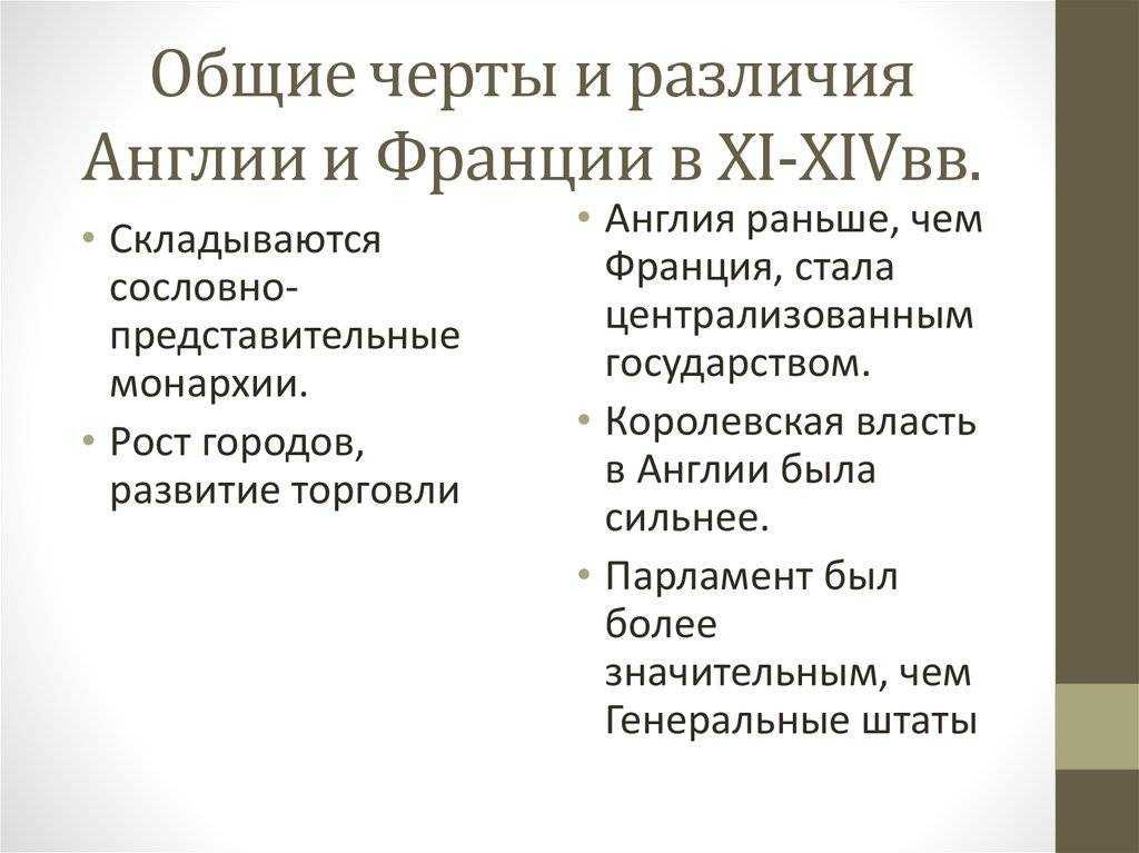 Найденные общие черты. Различия Англии и Франции. Сходства и различия Англии и Франции. Монархии Франции и Англии. Сравнение объединения Англии и Франции.